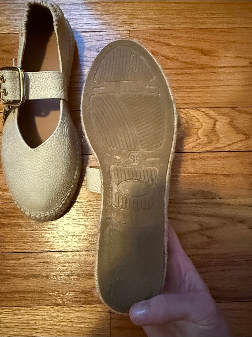 Cream Leather Mary Jane Espadrilles with Gold Buckle - Picture 5 of 7